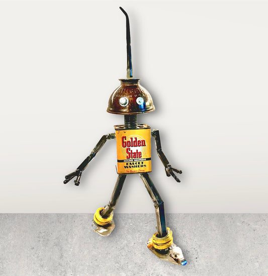 Meet Singer!  This one-of-a-kind robot scrap art sculpture is made from a vintage Golden State Faucet Washer tin body, a vintage Special oiler head and scrap metal arms and legs. Spruce up any shelf in your home or office with this bright and cheery robot sculpture.  