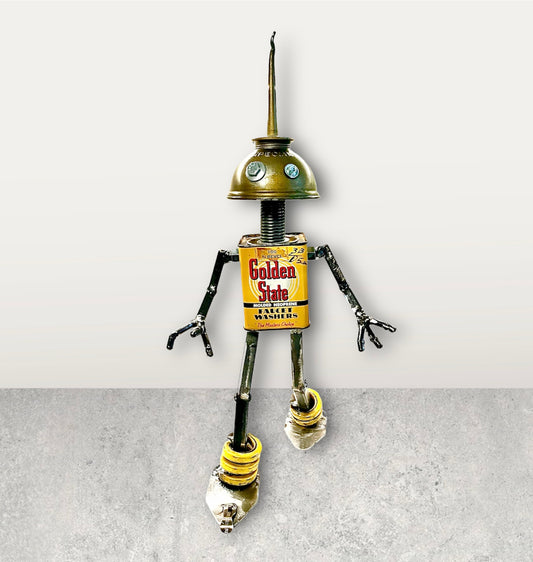 Meet Special!  This one-of-a-kind robot scrap art sculpture is made from a vintage Golden State Faucet Washer tin body, a vintage Special oiler head and scrap metal arms and legs. Spruce up any shelf in your home or office with this bright and cheery robot sculpture.  