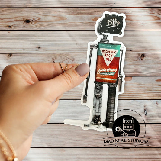 This cute little custom die cut robot scrap art sticker is made of permanent white semi gloss vinyl and measures as follows:  Features:  Metric: 3.5 cm wide x 10 cm tall Imperial: 1.4 inches wide x 4 inches tall Collect them all!